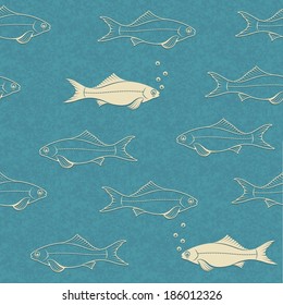 Vintage textura de patrón sin fisuras de peces nadando con burbujas. Ilustración vectorial Eps8