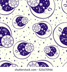 A vintage seamless pattern that consists of pictures of the sun, the moon and stars. Sacred Geometry,Magic,Esoteric,coloring book,t-shirts design,background for textiles. Isolated vector illustration.