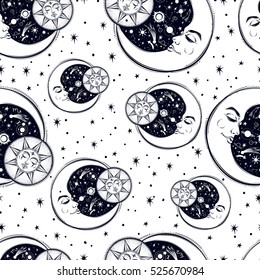 A vintage seamless pattern that consists of pictures of the sun, the moon and stars. Sacred Geometry,Magic,Esoteric,coloring book,t-shirts design,background for textiles. Isolated vector illustration.