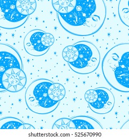 A vintage seamless pattern that consists of pictures of the sun, the moon and stars. Sacred Geometry,Magic,Esoteric,coloring book,t-shirts design,background for textiles. Isolated vector illustration.