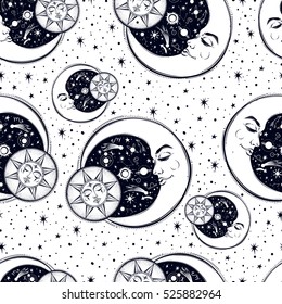 A vintage seamless pattern that consists of pictures of the sun, the moon and stars. Can be used for fabric design, paper design, background. Vector Isolated.