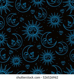 A vintage seamless pattern that consists of pictures of the sun, the moon and stars. Can be used for fabric design, paper design, background. Vector Isolated.