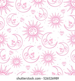 A vintage seamless pattern that consists of pictures of the sun, the moon and stars. Can be used for fabric design, paper design, background. Vector Isolated.