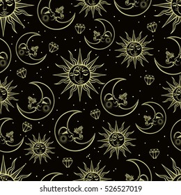 A vintage seamless pattern that consists of pictures of the sun, the moon and stars. Can be used for fabric design, paper design, background. Vector Isolated.