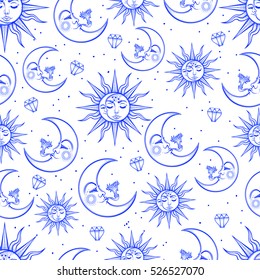A vintage seamless pattern that consists of pictures of the sun, the moon and stars. Can be used for fabric design, paper design, background. Vector Isolated.