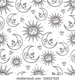 A vintage seamless pattern that consists of pictures of the sun, the moon and stars. Can be used for fabric design, paper design, background. Vector Isolated.
