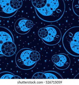 A vintage seamless pattern that consists of pictures of the sun, the moon and stars. Can be used for fabric design, paper design, background. Vector Isolated.