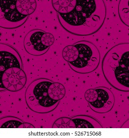 A vintage seamless pattern that consists of pictures of the sun, the moon and stars. Can be used for fabric design, paper design, background. Vector Isolated.