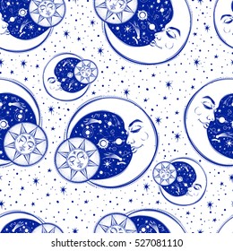 A vintage seamless pattern that consists of pictures of the sun, the moon and stars. Can be used for fabric design, paper design, background. Vector Isolated.