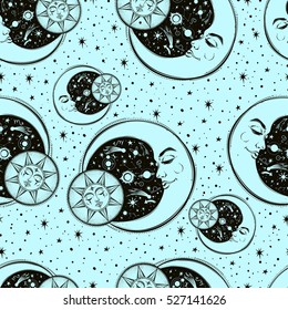 A vintage seamless pattern that consists of pictures of the sun, the moon and stars. Can be used for fabric design, paper design, background. Vector Isolated.