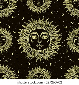 A vintage seamless pattern that consists of pictures of the sun. Boho style ornament. Can be used for fabric design, paper design, background. Vector Isolated.