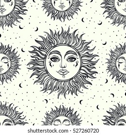 A vintage seamless pattern that consists of pictures of the sun. Boho style ornament. Can be used for fabric design, paper design, background. Vector Isolated.