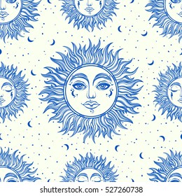 A vintage seamless pattern that consists of pictures of the sun. Boho style ornament. Can be used for fabric design, paper design, background. Vector Isolated.