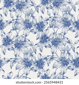 Vintage seamless pattern toile art with flowers of Clematis. Blue beige. Hand drawn elements. Monochrome. Floral vector background for design textile, paper, fabric, wallpaper, fashionable clothes