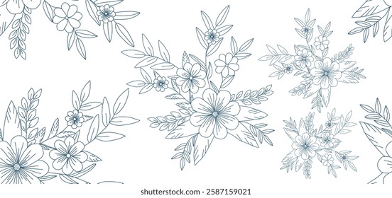 Vintage seamless pattern toile art with bouquet flowers of Clematis blue. Hand drawn elements Monochrome. Vector floral background