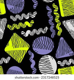 Vintage seamless pattern in toxic colors. A variety of shapes with a grunge texture are randomly arranged on a black background. Vector.