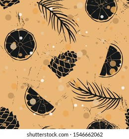 Vintage seamless pattern with traditional food and attribute Christmas and New Year: orange, cone, Christmas tree branch, snow. Repeated pattern in old retro style grunge design craft paper imitation.