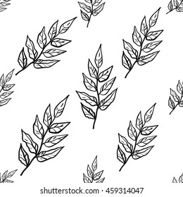 Vintage seamless pattern with tree branch. Background for eco forest autumn celebrations. Black floral rustic symbols on white hand drawing style.