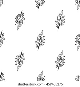 Vintage seamless pattern with tree branch. Background for eco forest autumn celebrations. Black floral rustic symbols on white hand drawing style.