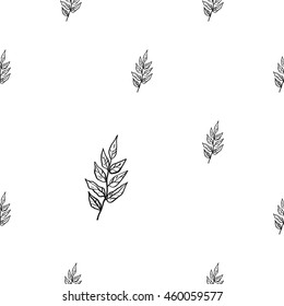 Vintage seamless pattern with tree branch. Background for eco forest autumn celebrations. Black floral rustic symbols on white hand drawing style.