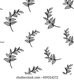 Vintage seamless pattern with tree sprig. Background for eco forest autumn celebrations. Black floral rustic symbols on white hand drawing style.