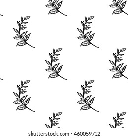 Vintage seamless pattern with tree sprig. Background for eco forest autumn celebrations. Black floral rustic symbols on white hand drawing style.