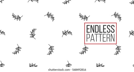 Vintage seamless pattern with tree sprig. Background for eco forest wedding or autumn celebrations. Black floral rustic symbols and elements on white hand drawing style.