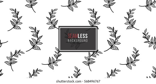 Vintage seamless pattern with tree sprig. Background for eco forest wedding or autumn celebrations. Black floral rustic symbols and elements on white hand drawing style.
