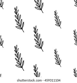 Vintage seamless pattern with tree twig. Background for eco forest autumn celebrations. Black floral rustic symbol on white hand drawing style.