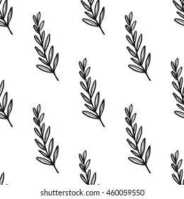 Vintage seamless pattern with tree twig. Background for eco forest autumn celebrations. Black floral rustic symbols on white hand drawing style.