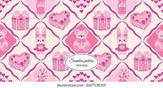 Vintage nahtloses Muster, trendiger Hintergrund, Muster mit flirty Kaninchen, Bär, Geschenk, Kuchen, Bögen und Bänder. Vektorgrafik, Vintage-Stoffdesign, Tapete, Umschlagpapier und mehr.