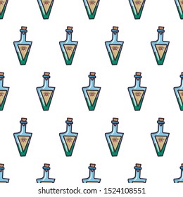 Vintage seamless pattern with triangle poison bottle for wallpaper design, fabric, wrapping paper. Halloween party. Hand drawn vector doodle chemistry.