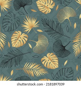 Vintage seamless pattern. Tropical botanical leaves with gold colors. Design for card, fabric, print, greeting, cloth, poster, clothes, textile.