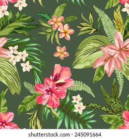 Vintage seamless pattern with tropical leaves and flowers on a white background. Plumeria, hibiscus, palm. Vector illustration.