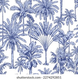 Vintage seamless pattern with tropical palms. Trees in linear style. Vector botanical illustration. Foliage design for wallpaper, textile and wrapping paper.