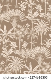 Vintage seamless pattern with tropical palms. Plants in linear style. Vector botanical illustration. Foliage design for wallpaper, textile, wrapping paper, wedding invitation and greeting card.