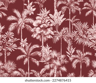 Vintage seamless pattern with tropical palms. Plants in linear style. Vector botanical illustration. Foliage design for wallpaper, textile, wrapping paper, wedding invitation and greeting card.