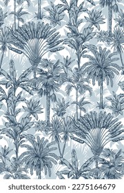 Vintage seamless pattern with tropical palms. Trees in linear style. Vector botanical illustration. Foliage design for wallpaper, textile and wrapping paper.