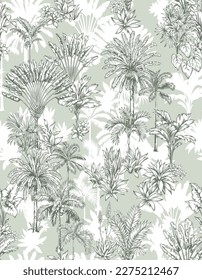 Vintage seamless pattern with tropical palms. Trees in linear style. Vector botanical illustration. Foliage design for wallpaper, textile and wrapping paper.