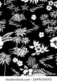 Vintage seamless pattern with tropical palms. Plants in linear style. Vector botanical illustration. Foliage design for wallpaper, textile, wrapping paper, wedding invitation and greeting card