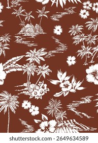 Padrão sem emenda vintage com palmas tropicais. Plantas em estilo linear. Ilustração botânica vetorial. Projeto de folhagem para papel de parede, têxtil, papel de embrulho, convite de casamento e cartão de saudação