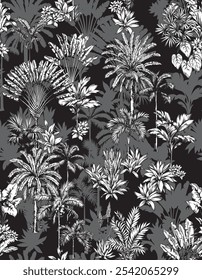Vintage seamless pattern with tropical palms.Plants in linear monochrome style.Black and white sketch.Vector botanical illustration.Foliage design. Summer Hawaiian background.