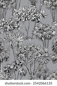 Padrão sem emenda vintage com palmas tropicais.Plantas em estilo monocromático linear.Esboço preto e branco.Projeto botânico vetor.Foliage. Verão Havaiano fundo.