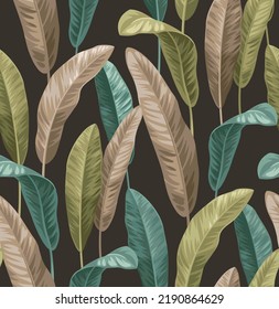 Vintage seamless pattern with tropical plants. Palm leaves in realistic style. Vector botanical illustration. Foliage design for wallpaper, wrapping paper, wedding invitation and greeting card.