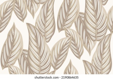 Vintage seamless pattern with tropical plants. Leaves in realistic style. Vector botanical illustration. Foliage design for wallpaper, wrapping paper, wedding invitation and greeting card.