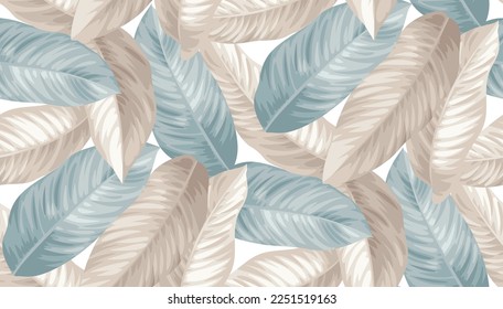 Vintage seamless pattern with tropical plants. Palm leaves in realistic style. Vector botanical illustration. Foliage design for wallpaper, wrapping paper, wedding invitation and greeting card.