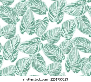 Vintage seamless pattern with tropical plants. Palm leaves in realistic style. Vector botanical illustration. Foliage design for wallpaper, wrapping paper, wedding invitation and greeting card.