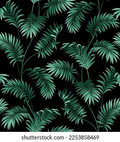 Vintage seamless pattern with tropical plants. Palm leaves in realistic style. Vector botanical illustration. Hawaiian summer design for wallpaper, wedding invitation and greeting card.