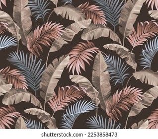 Vintage seamless pattern with tropical plants. Palm leaves in realistic style. Vector botanical illustration. Foliage design for wallpaper, wrapping paper, wedding invitation and greeting card.
