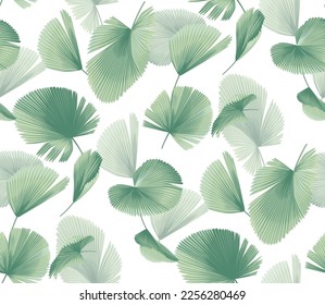 Vintage seamless pattern with tropical plants. Palm leaves in realistic style. Vector botanical illustration. Foliage design for wallpaper, wrapping paper, wedding invitation and greeting card.